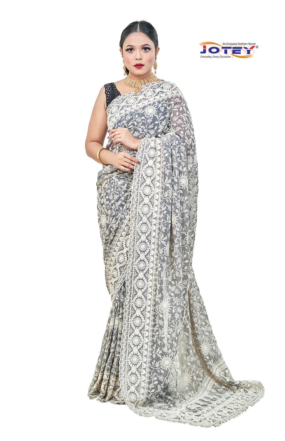 Embroidery Lucknow Chiffon Saree