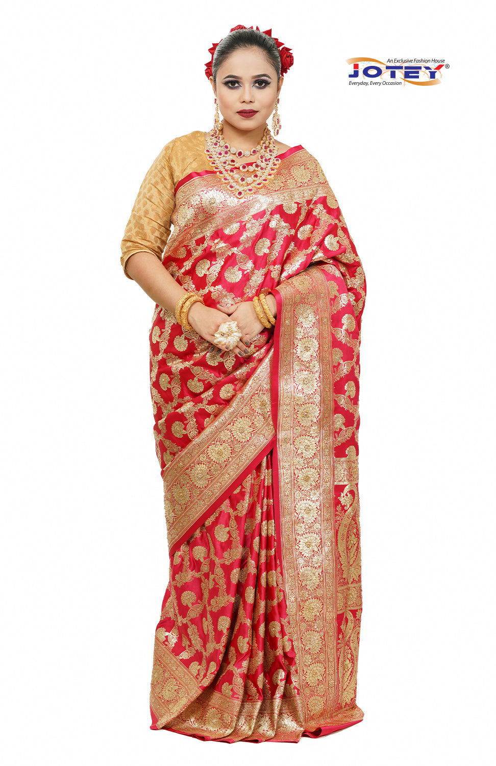 Floral Woven Pure Banarasi Silk Saree in Hot Pink