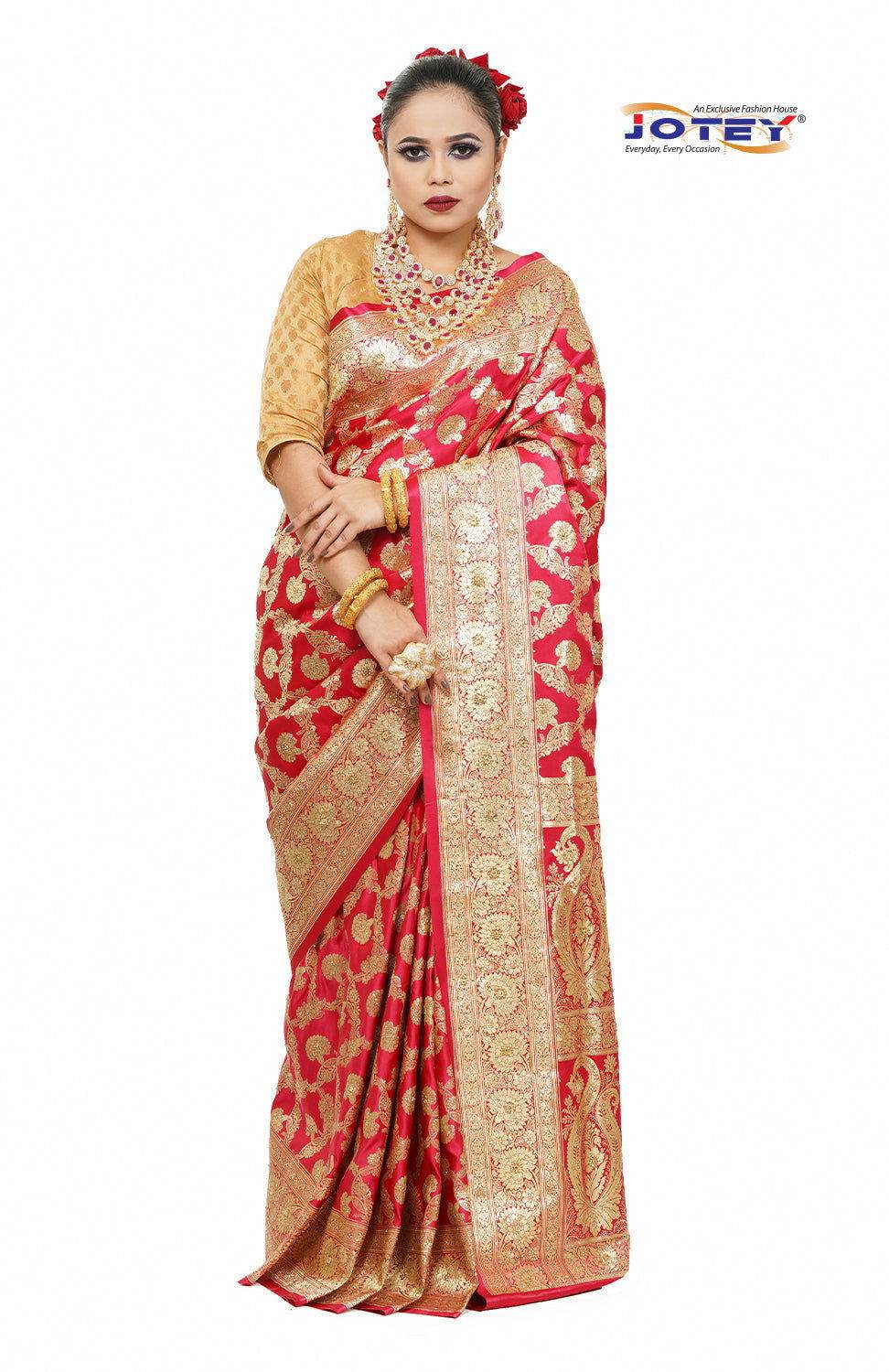 Floral Woven Pure Banarasi Silk Saree in Hot Pink