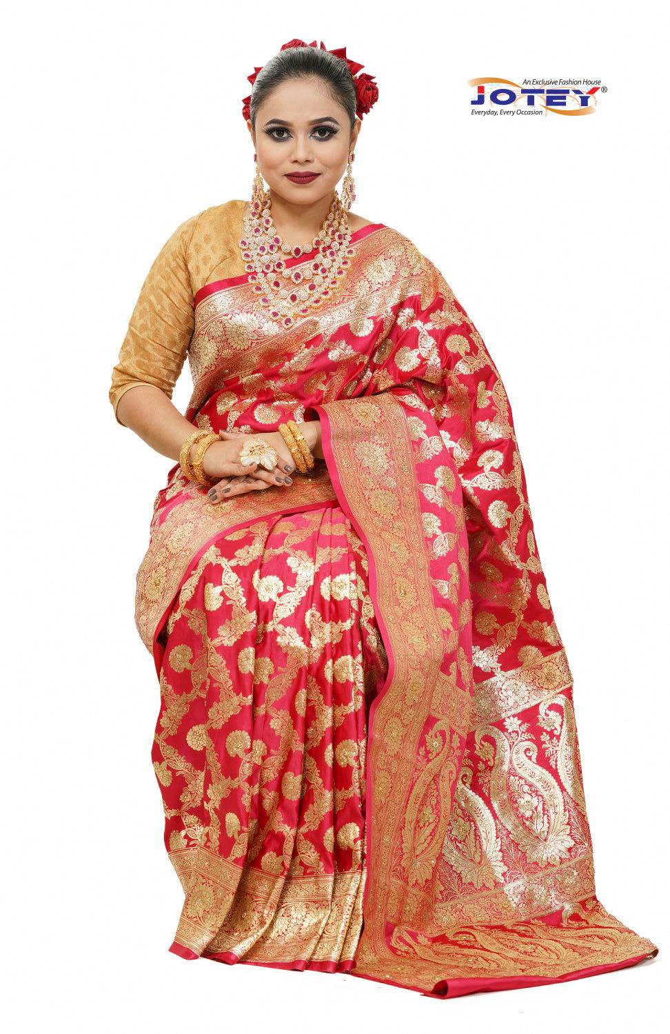 Floral Woven Pure Banarasi Silk Saree in Hot Pink